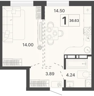 Планировка 1-комн. квартира, 36.63 м² ЖК «Светский лес»