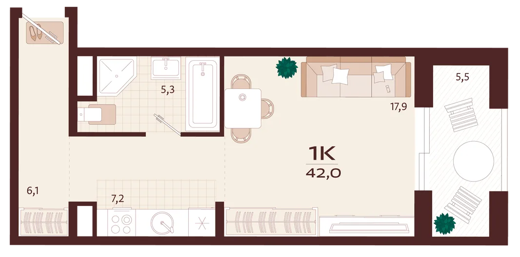 Планировка 1-комн. квартира, 42 м² ЖК «Роялта»