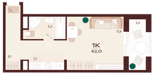 Планировка 1-комн. квартира, 42 м² ЖК «Роялта»