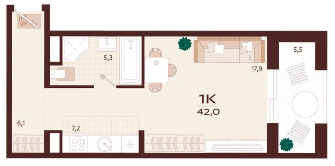 Планировка 1-комн. квартира, 42 м² ЖК «Роялта»