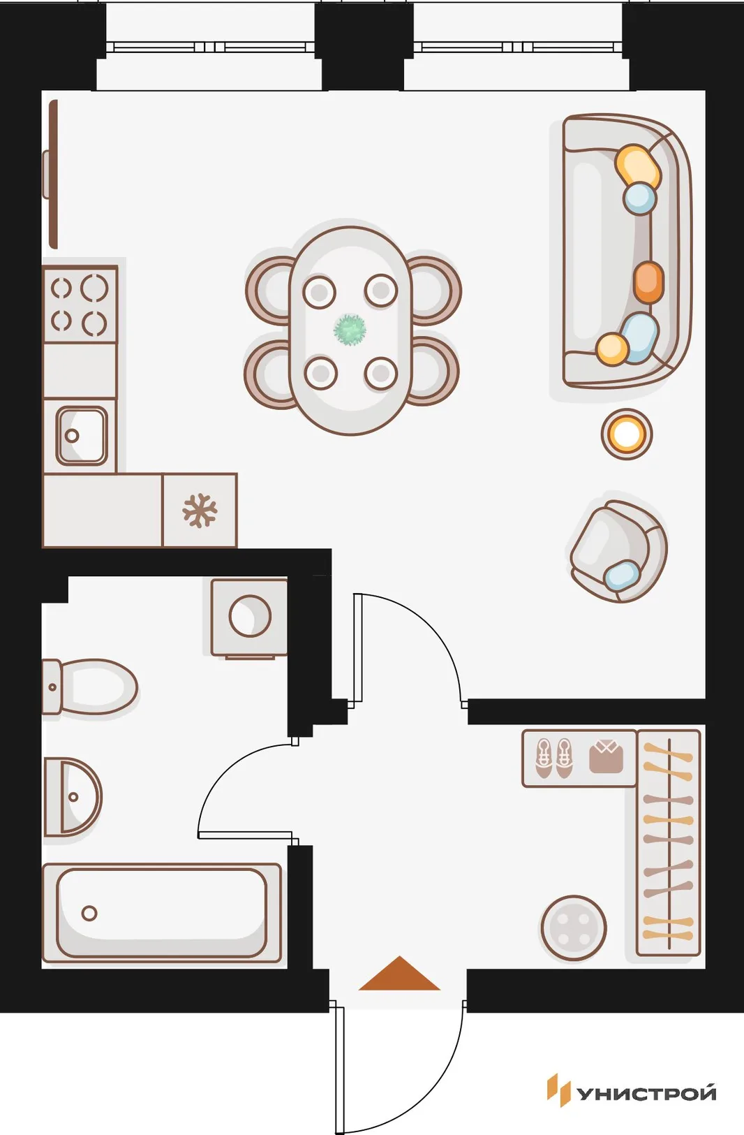 Планировка 1-комн. квартира, 29.14 м² ЖК «Жилой кластер Q на Кулагина»