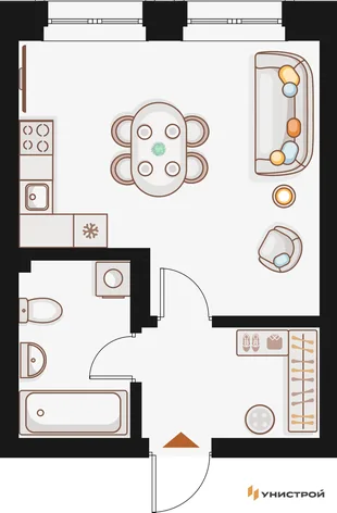 Планировка 1-комн. квартира, 29.14 м² ЖК «Жилой кластер Q на Кулагина»