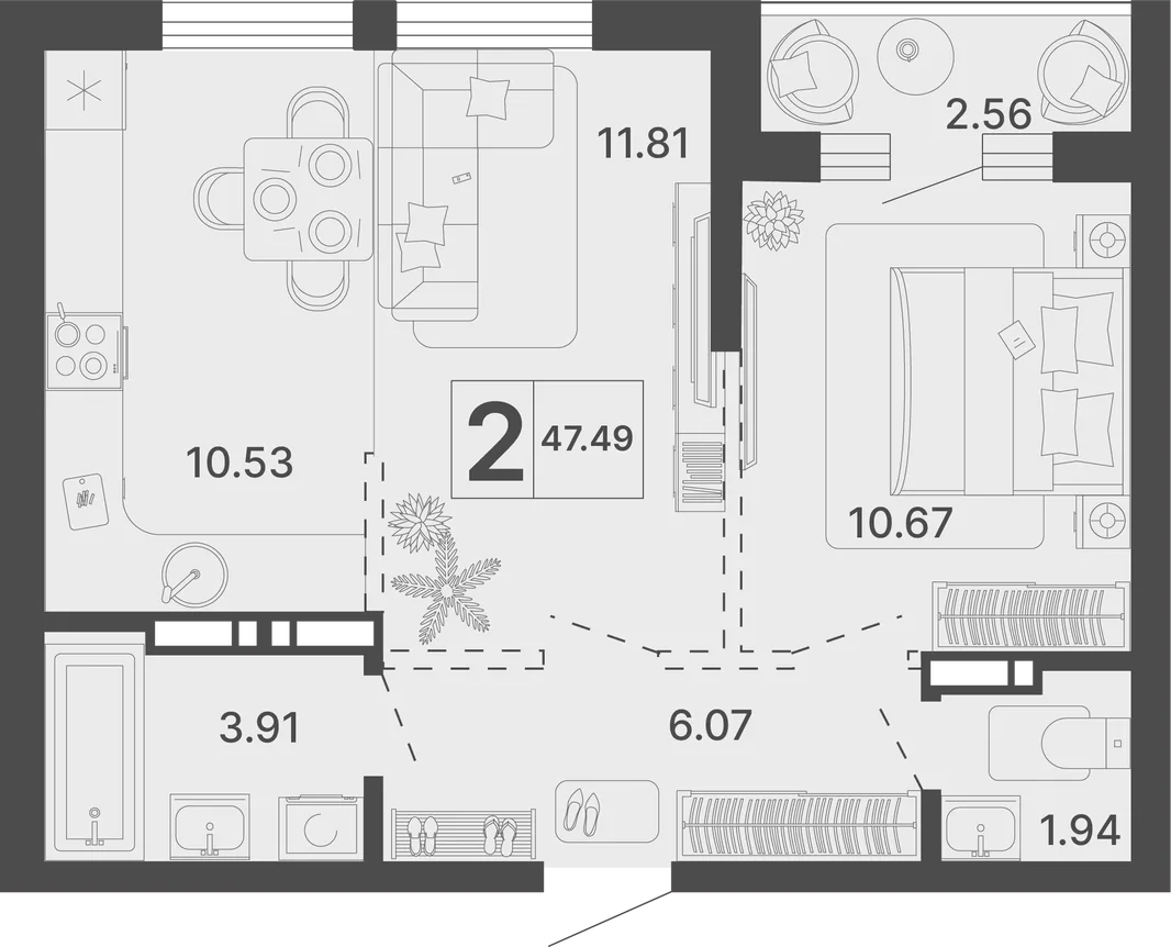 Планировка 2-комн. квартира, 47.49 м² ЖК «Светский лес»
