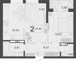 Планировка 2-комн. квартира, 47.49 м² ЖК «Светский лес»
