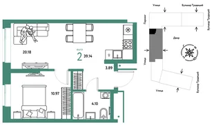 Планировка 2-комн. квартира, 39.14 м² ЖК «Микрорайон Домашний»