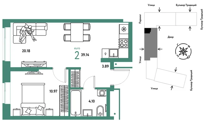 Планировка 2-комн. квартира, 39.14 м² ЖК «Микрорайон Домашний» Планировка 2-комн. квартира, 39.14 м² ЖК «Микрорайон Домашний»