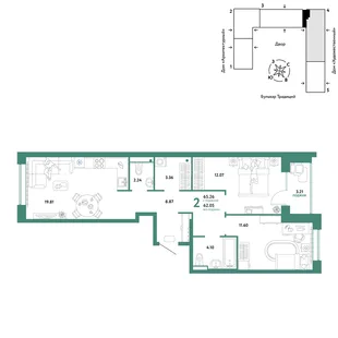 Планировка 2-комн. квартира, 65.26 м² ЖК «Микрорайон Домашний»