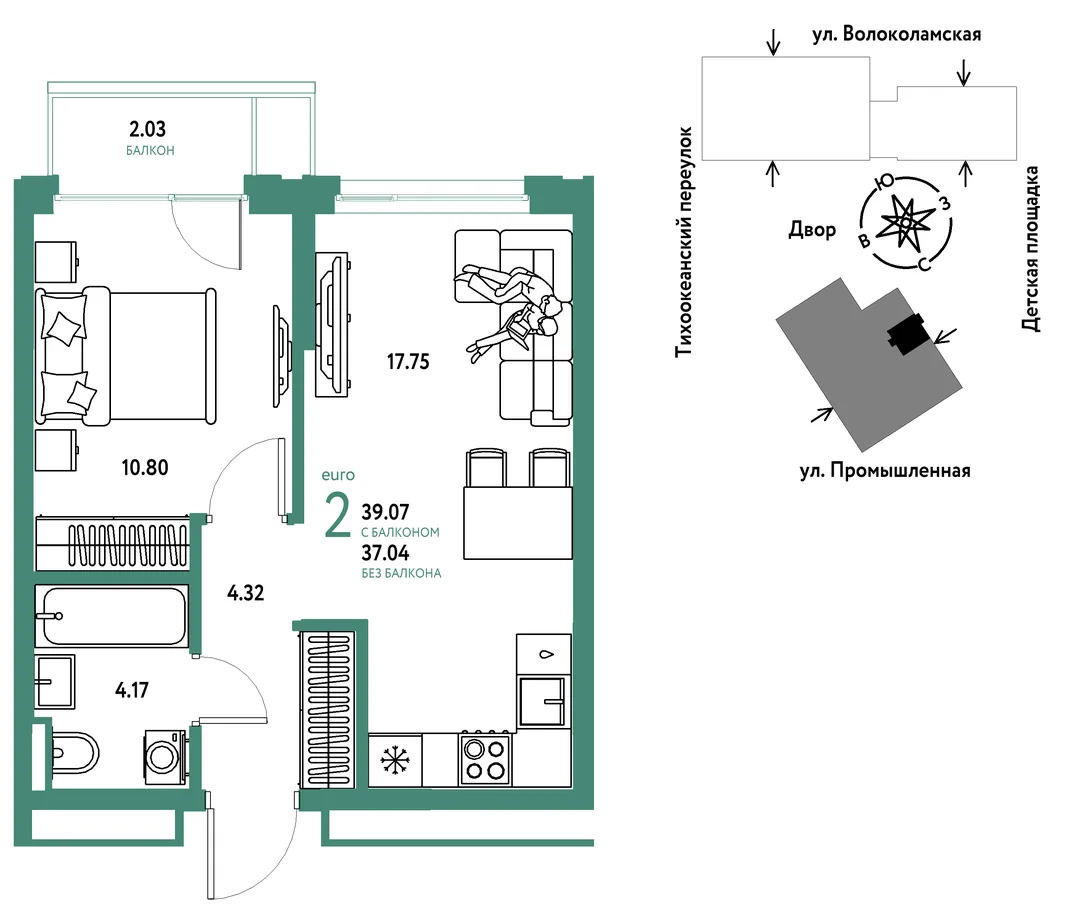 Планировка 2-комн. квартира, 39.07 м² ЖК «Страна Прибрежная»
