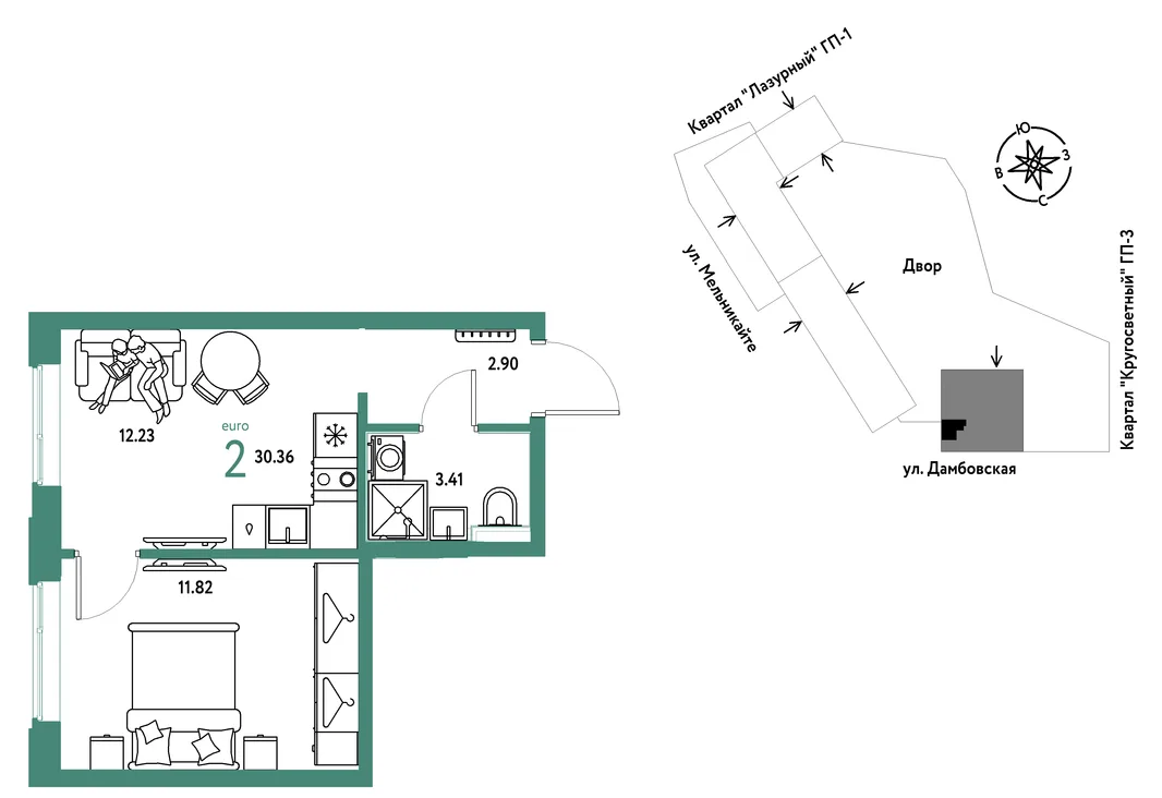 Планировка 2-комн. квартира, 30.36 м² ЖК «Страна Прибрежная»