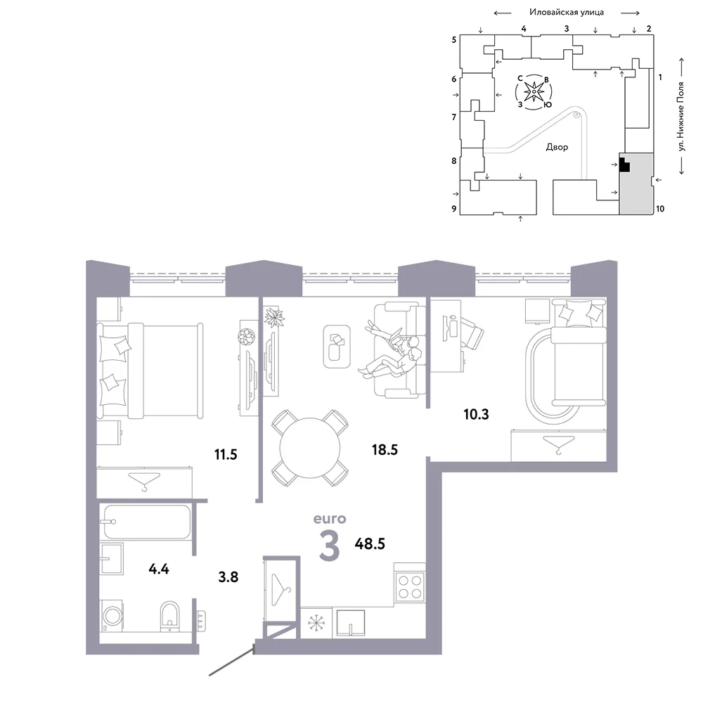 Планировка 3-комн. квартира, 48.5 м² ЖК «Страна.Заречная»