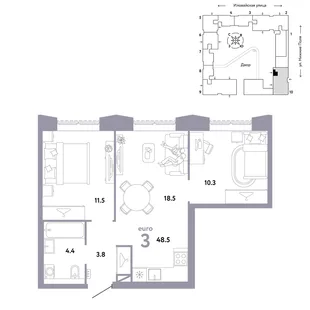 Планировка 3-комн. квартира, 48.5 м² ЖК «Страна.Заречная»