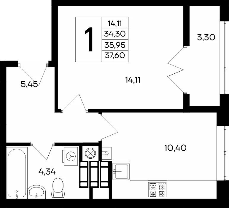 Планировка 1-комн. квартира, 37.6 м² ЖК «Сезоны»