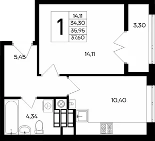 Планировка 1-комн. квартира, 37.6 м² ЖК «Сезоны»