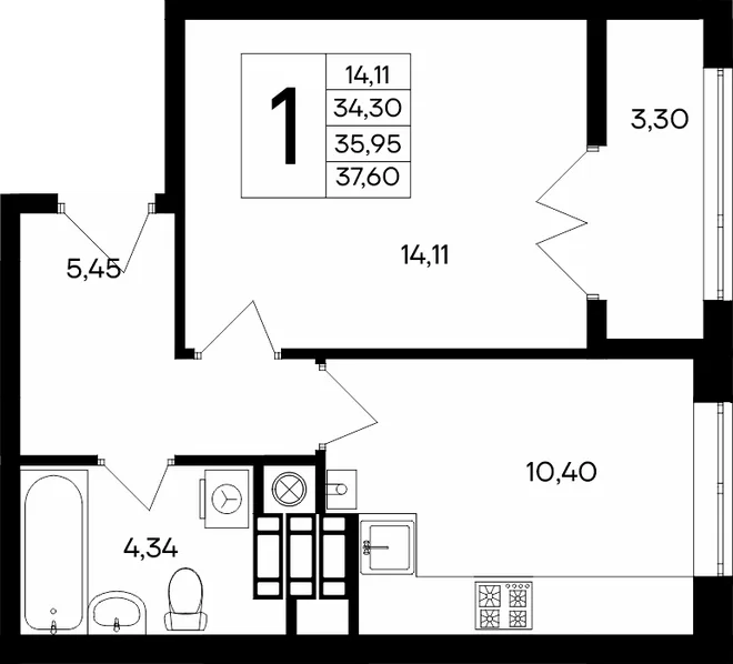 Планировка 1-комн. квартира, 37.6 м² ЖК «Сезоны»