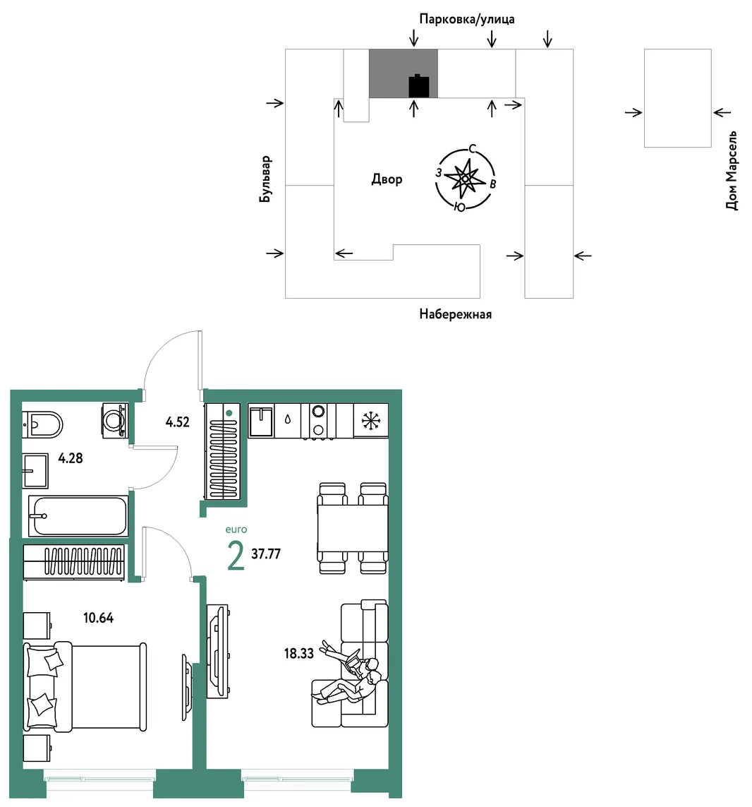 Планировка 2-комн. квартира, 37.77 м² ЖК «Европейский берег 2.0»