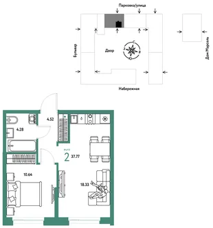 Планировка 2-комн. квартира, 37.77 м² ЖК «Европейский берег 2.0»