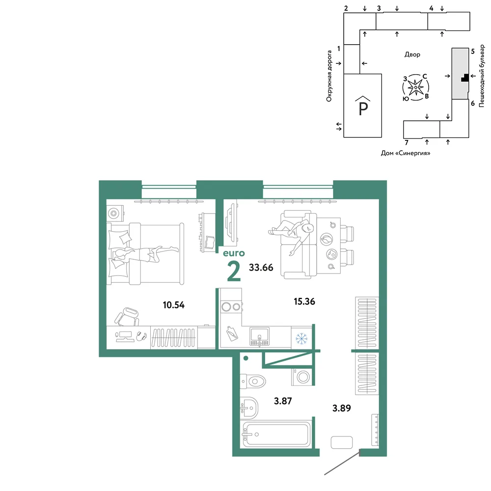 Планировка 2-комн. квартира, 33.66 м² ЖК «Юнион»