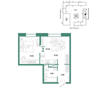 Планировка 2-комн. квартира, 33.66 м² ЖК «Юнион»