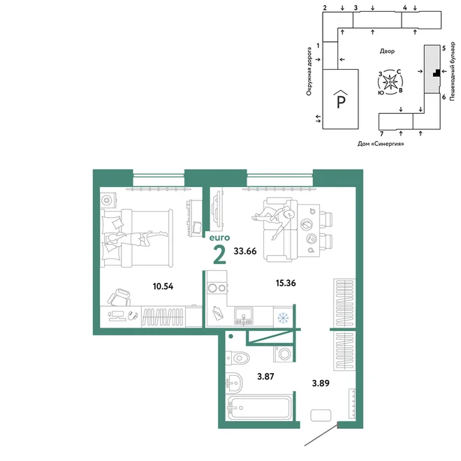 Планировка 2-комн. квартира, 33.66 м² ЖК «Юнион» Планировка 2-комн. квартира, 33.66 м² ЖК «Юнион»