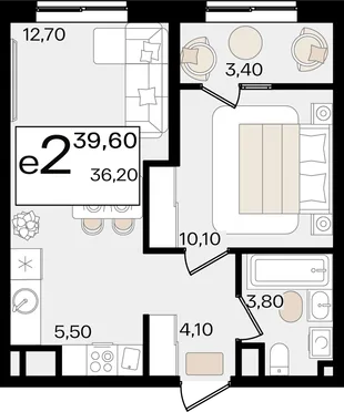 Планировка 2-комн. квартира, 39.6 м² ЖК «Патрики»