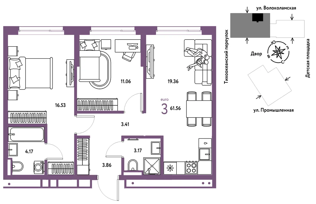 Планировка 3-комн. квартира, 61.56 м² ЖК «Страна Прибрежная»