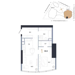 Планировка 1-комн. квартира, 58.8 м² ЖК «АУРУС Резиденции»