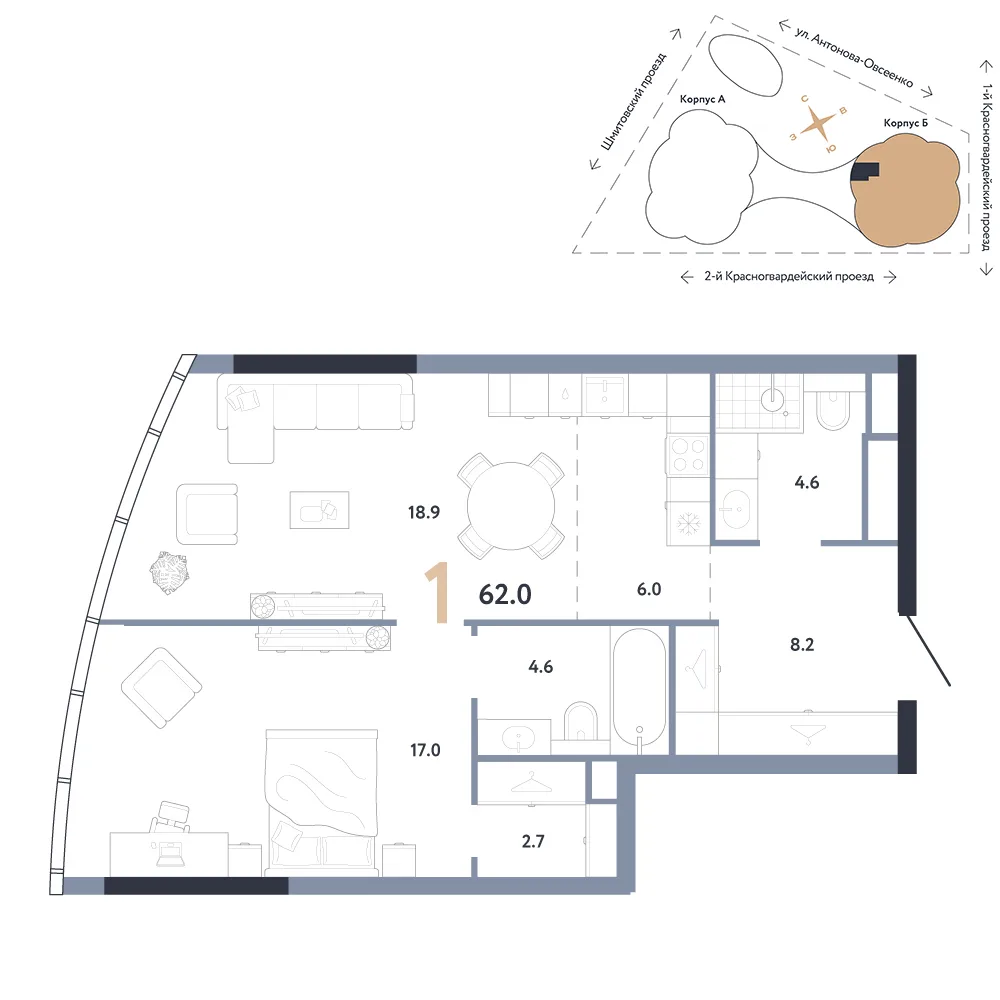 Планировка 1-комн. квартира, 62 м² ЖК «АУРУС Резиденции»