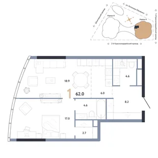 Планировка 1-комн. квартира, 62 м² ЖК «АУРУС Резиденции»