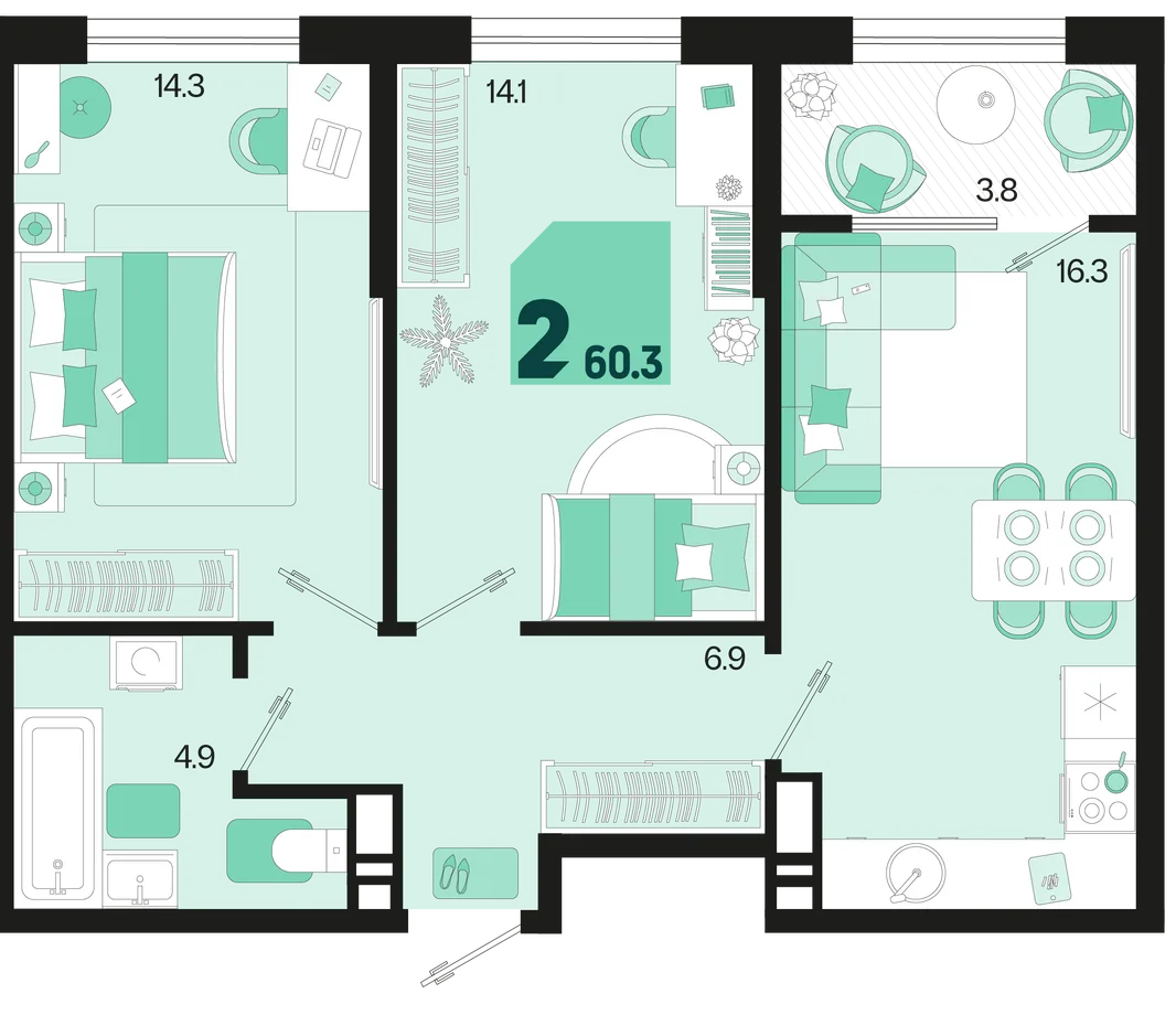 Планировка 2-комн. квартира, 60.3 м² ЖК «Первое место»