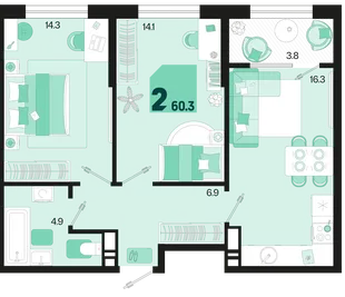Планировка 2-комн. квартира, 60.3 м² ЖК «Первое место»