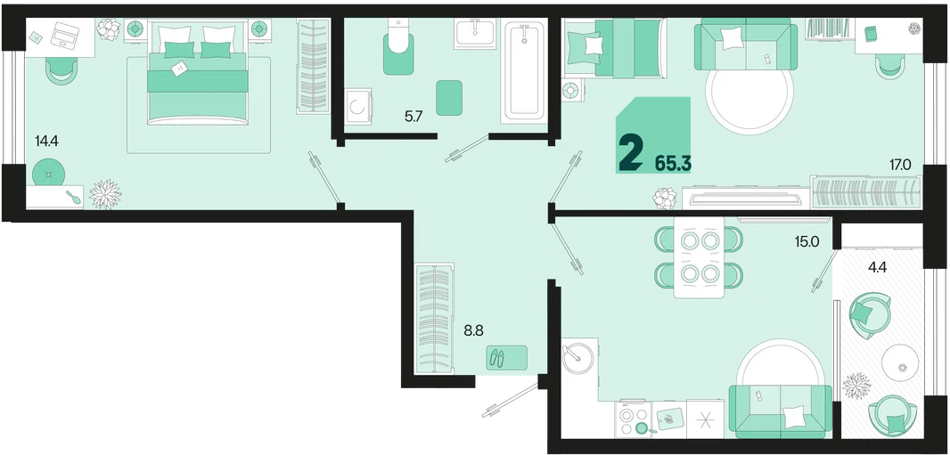 Планировка 2-комн. квартира, 65.3 м² ЖК «Первое место»