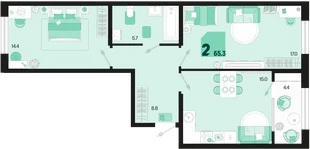 Планировка 2-комн. квартира, 65.3 м² ЖК «Первое место»