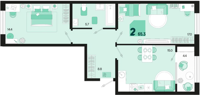 Планировка 2-комн. квартира, 65.3 м² ЖК «Первое место» Планировка 2-комн. квартира, 65.3 м² ЖК «Первое место»