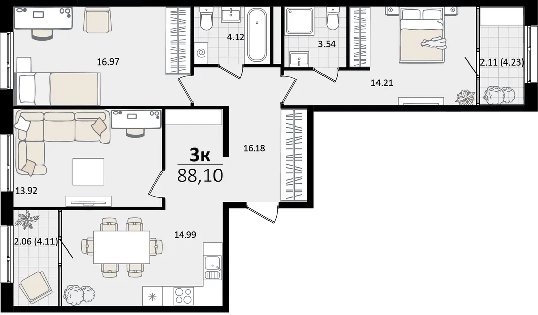 Планировка 3-комн. квартира, 88.1 м² ЖК «Патрики»