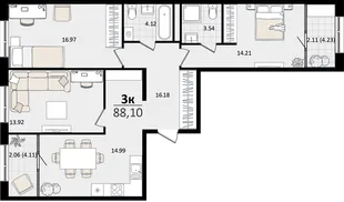 Планировка 3-комн. квартира, 88.1 м² ЖК «Патрики»
