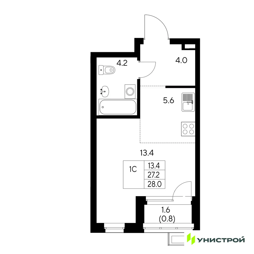 Планировка 1-комн. квартира, 28 м² ЖК «Стадиум»