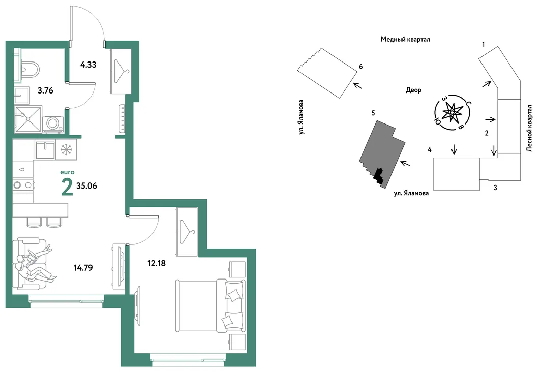 Планировка 2-комн. квартира, 35.06 м² ЖК «Сибирский сад»
