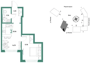 Планировка 2-комн. квартира, 35.06 м² ЖК «Сибирский сад»