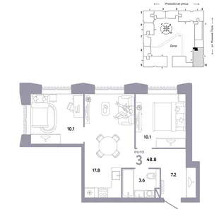 Планировка 3-комн. квартира, 48.8 м² ЖК «Страна.Заречная»