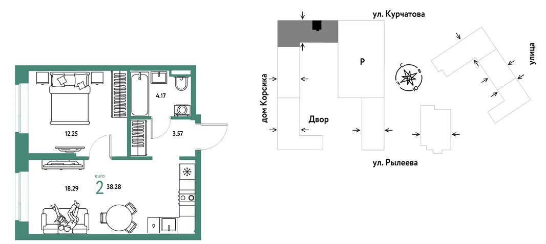Планировка 2-комн. квартира, 38.28 м² ЖК «Остров-сад»