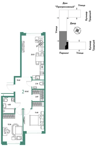 Планировка 2-комн. квартира, 63.62 м² ЖК «Микрорайон Домашний»