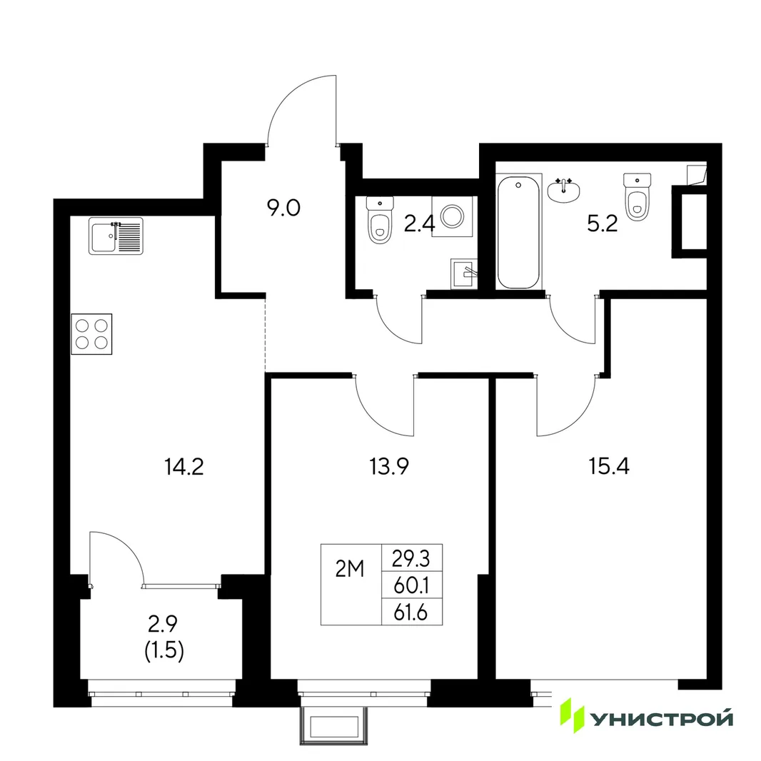 Планировка 2-комн. квартира, 61.6 м² ЖК «Стадиум»