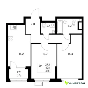 Планировка 2-комн. квартира, 61.6 м² ЖК «Стадиум»