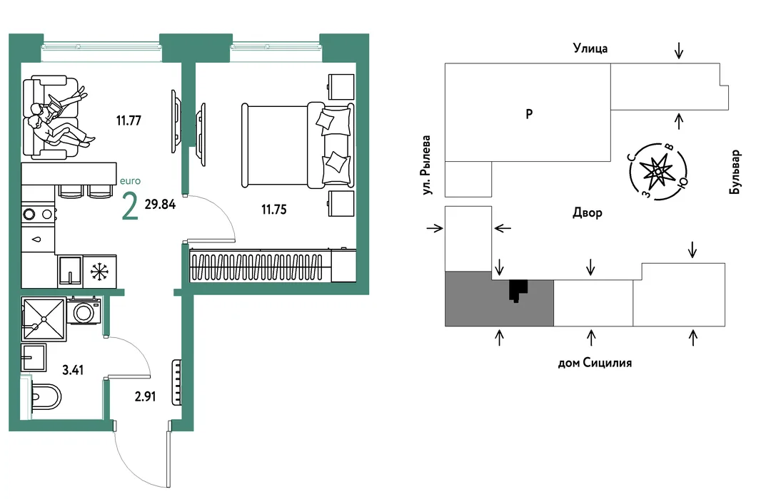 Планировка 2-комн. квартира, 29.84 м² ЖК «Остров-сад»