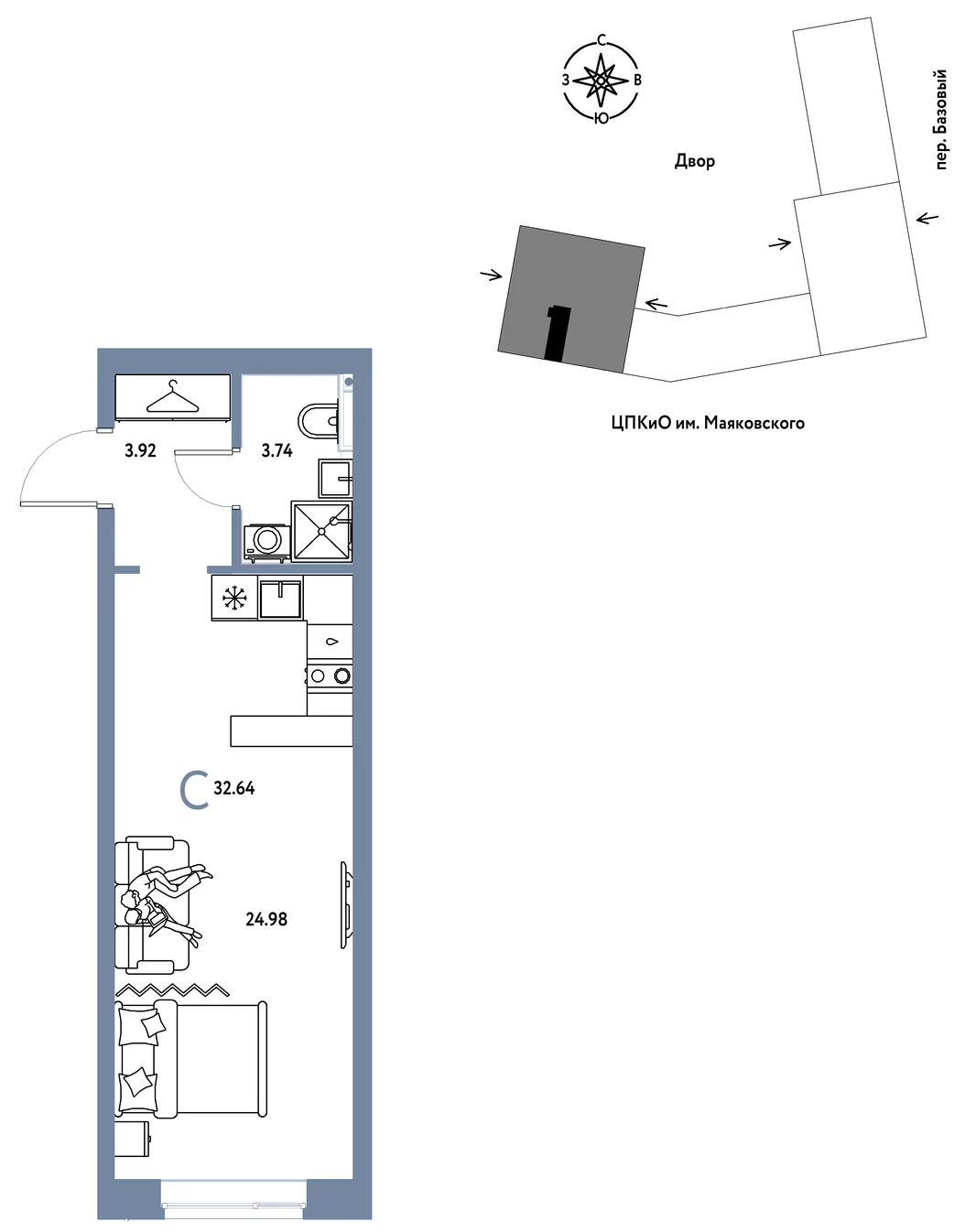 Планировка Студия, 32.64 м² ЖК «Сибирский сад»