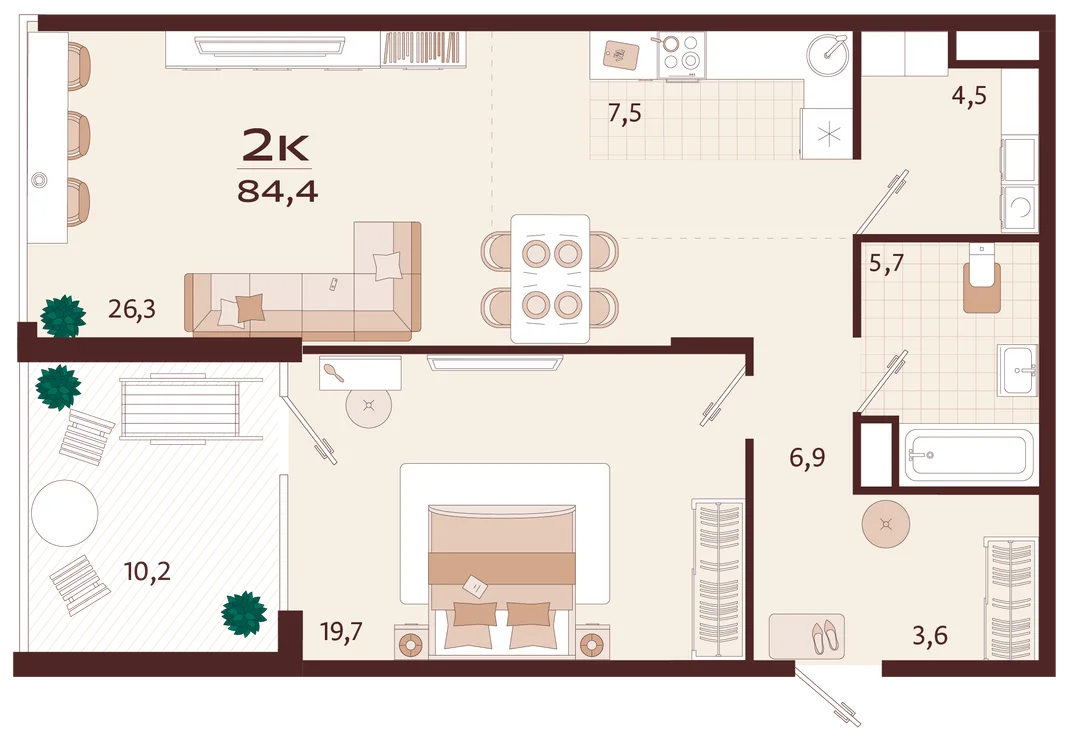 Планировка 2-комн. квартира, 84.4 м² ЖК «Роялта»