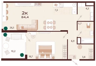 Планировка 2-комн. квартира, 84.4 м² ЖК «Роялта»