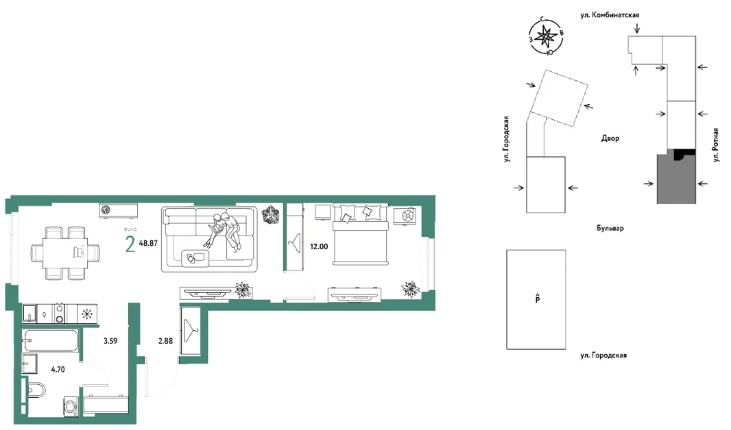 Планировка 2-комн. квартира, 48.87 м² ЖК «Уральский сад»