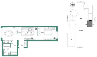 Планировка 2-комн. квартира, 48.87 м² ЖК «Уральский сад»
