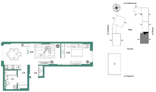 Планировка 2-комн. квартира, 48.87 м² ЖК «Уральский сад» Планировка 2-комн. квартира, 48.87 м² ЖК «Уральский сад»